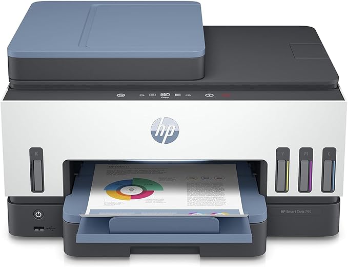 HP Smart Tank 795 All-in-One Printer wireless, Print, Scan, Copy, Fax, Auto Duplex Printing, Document Feeder, Print up to 18000 black or 8000 color pages, White/Blue [28B96A]