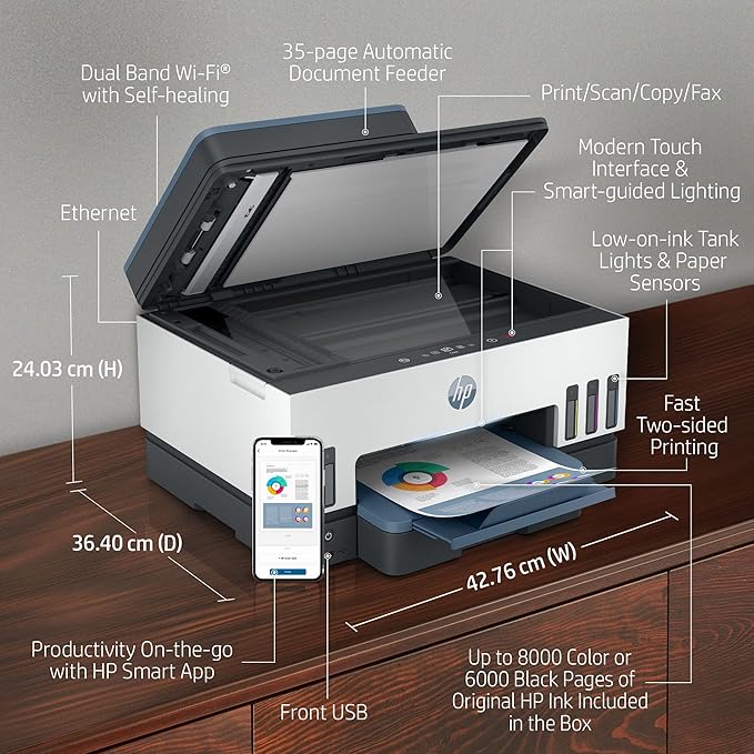 HP Smart Tank 795 All-in-One Printer wireless, Print, Scan, Copy, Fax, Auto Duplex Printing, Document Feeder, Print up to 18000 black or 8000 color pages, White/Blue [28B96A]